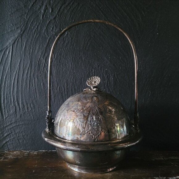 Antique Meriden Britannia Silverplate Covered Butter Dome with Flower Finial
